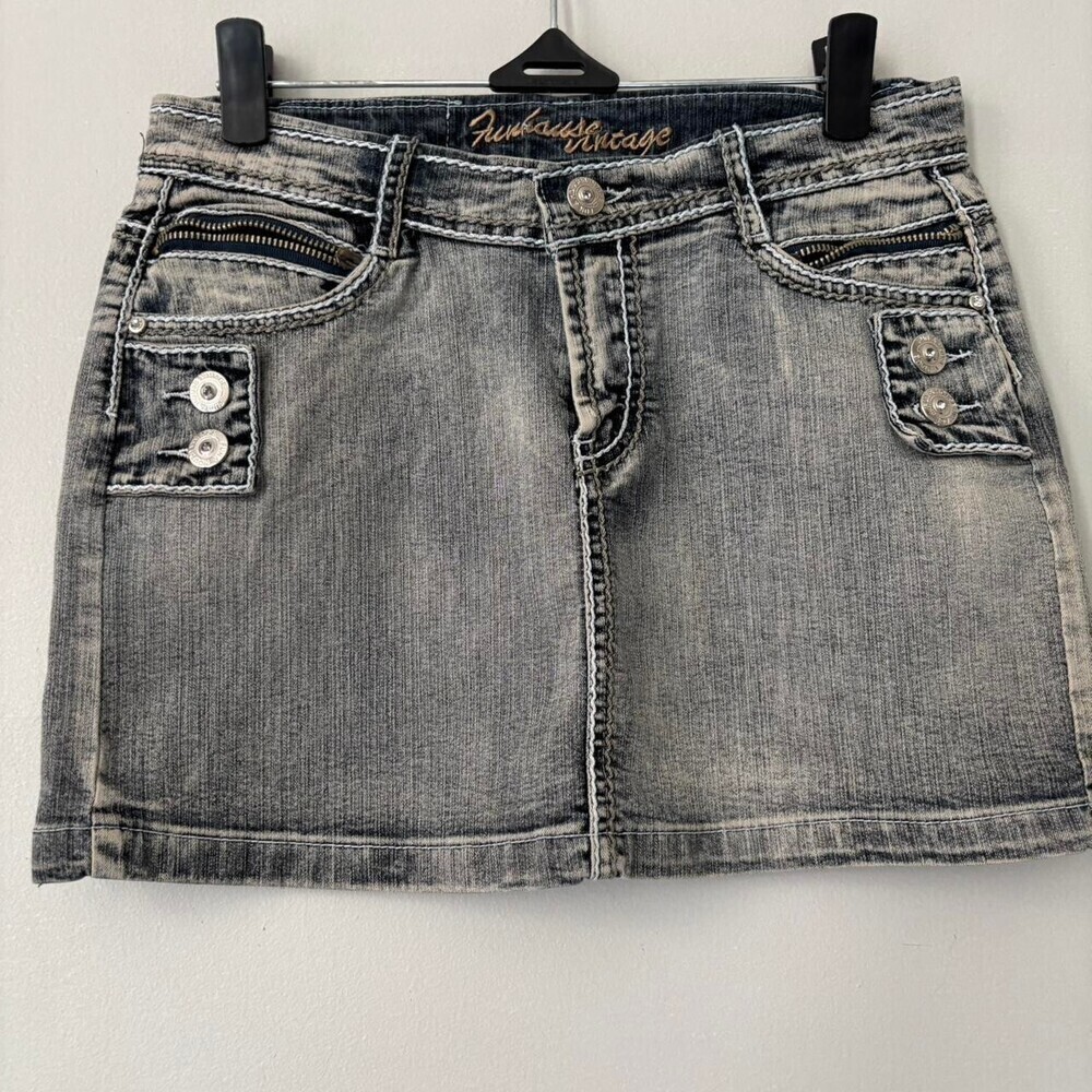 Y2K Grunge Funkhouse Vintage Grey Skater denim mini Punk Festival skirt XS-Small